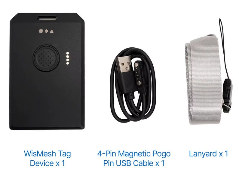 Der WisMesh Tag mit dem mitgelieferten Magnet-Ladekabel und dem Trageband