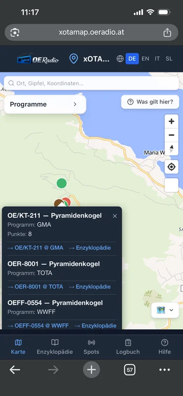 xotamap.oeradio.at mit den Referenzen des Pyramidenkogel: OE/KT-211 GMA, OER-8001 TOTA und OEFF-0554 WWFF