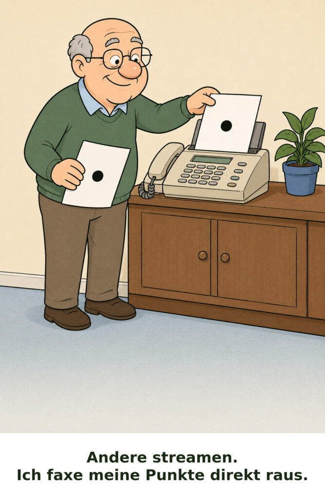 Cartoon: Funker schickt Morse-Punkte per Faxgeraet - eigene Funk-Satire