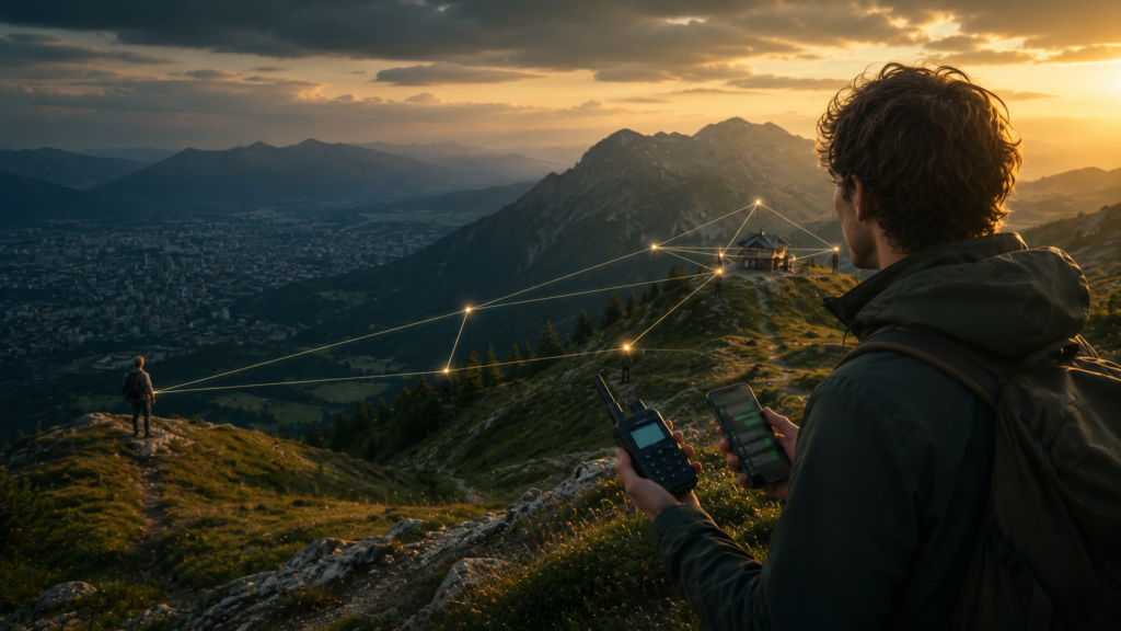 Wanderer auf einem Bergkamm in Kärnten bei Sonnenuntergang mit Meshtastic-Funkgerät und Handy, im Tal leuchtende Mesh-Netzwerk-Verbindungen
