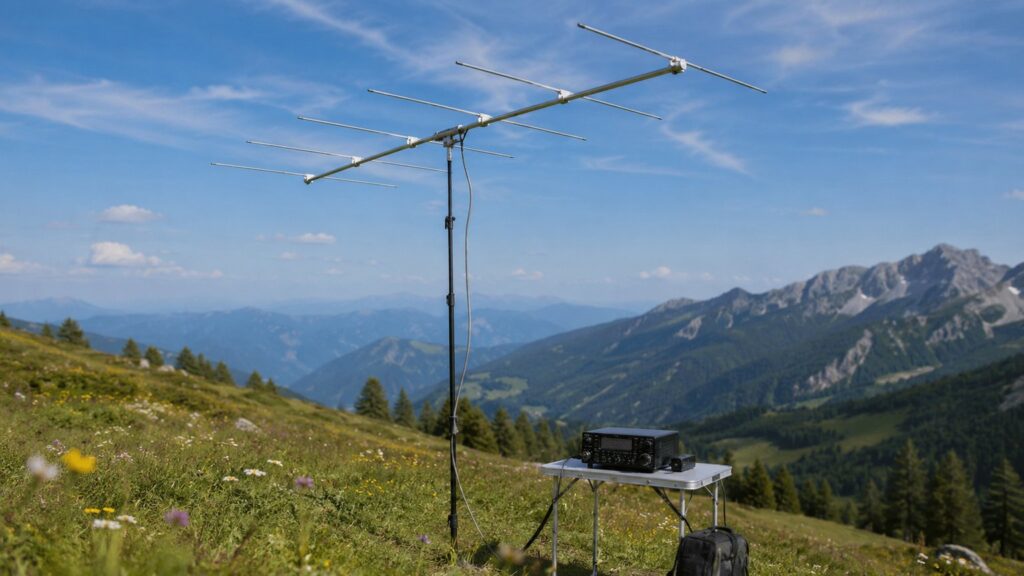 Portable 6-Meter-Yagi-Antenne für DX auf einer Almwiese in den Kärntner Alpen – Sporadic-E-Saison
