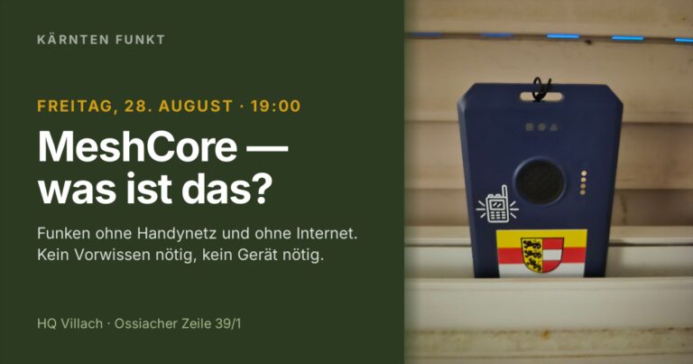 Node mit Kärnten-Wappen – MeshCore-Treffen im KÄRNTEN FUNKT HQ Villach am 28. August 2026