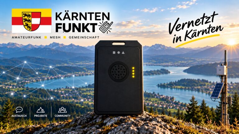 RAK WisMesh Tag auf einem Felsen mit Blick über Kärntner Seen und Berge, daneben ein Solar-Repeater